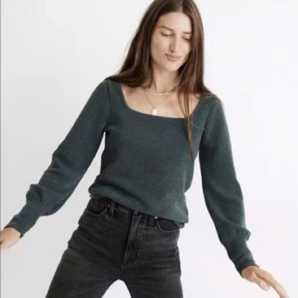 Madewell Ottoman Rib Square Neck Top In Midnight Green